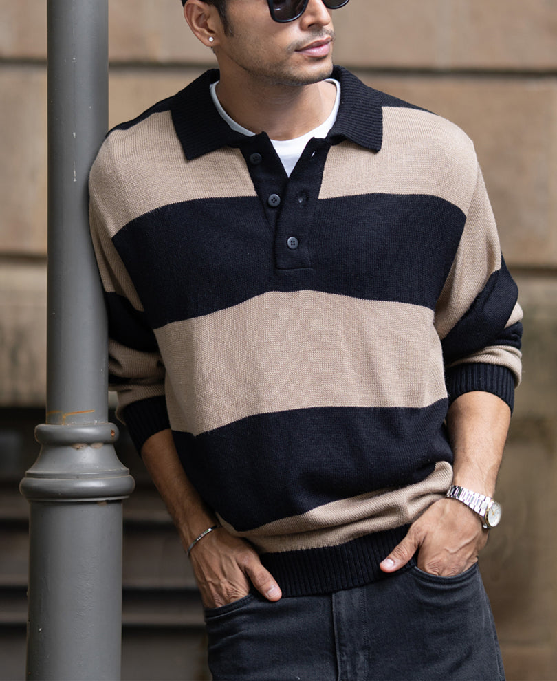 Beige And Black Striped Polo T-Shirt