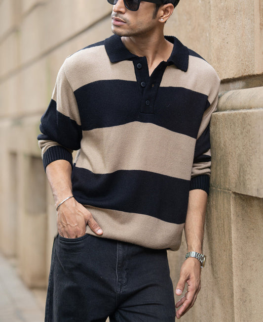 Beige And Black Striped Polo T-Shirt