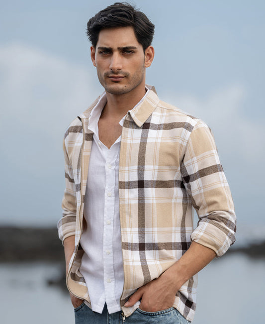 Beige Checks Zipper Overshirt