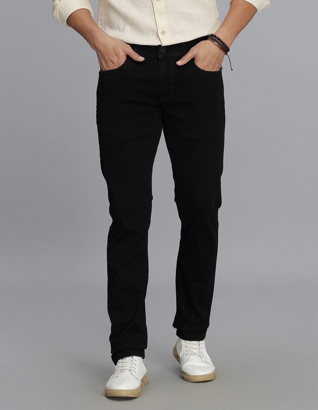 Black 5 Pocket Mid-Rise Slim Straight Fit Jeans