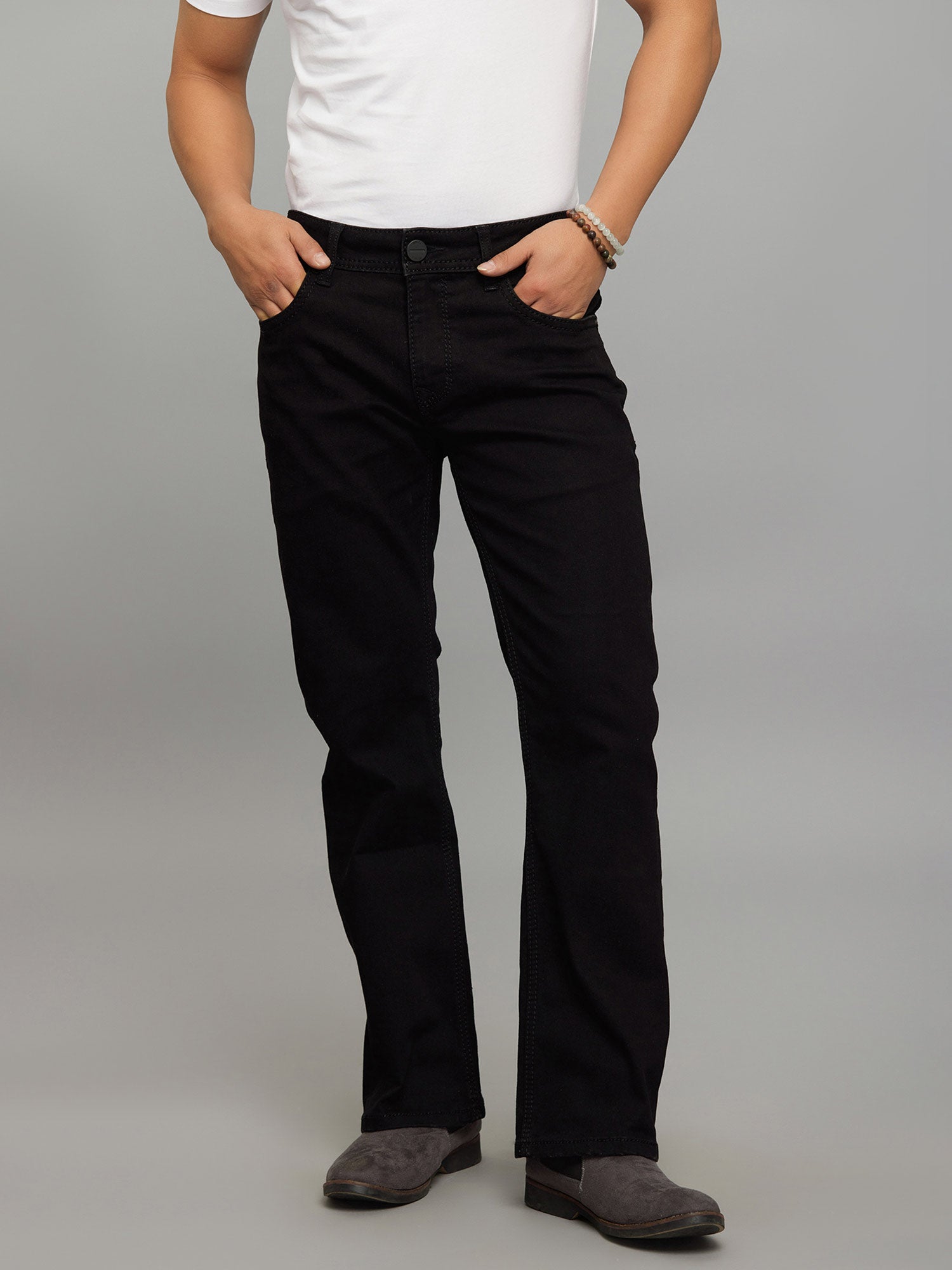 Black 5 Pocket Mid Rise Cropped Length Loose Boot Leg Stretch Jeans